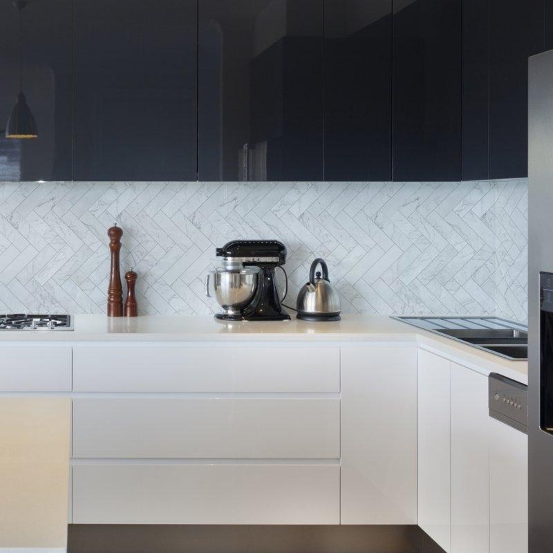 Kitchen Splashback Wallpaper - White Marble Herringbone - Splashback ...